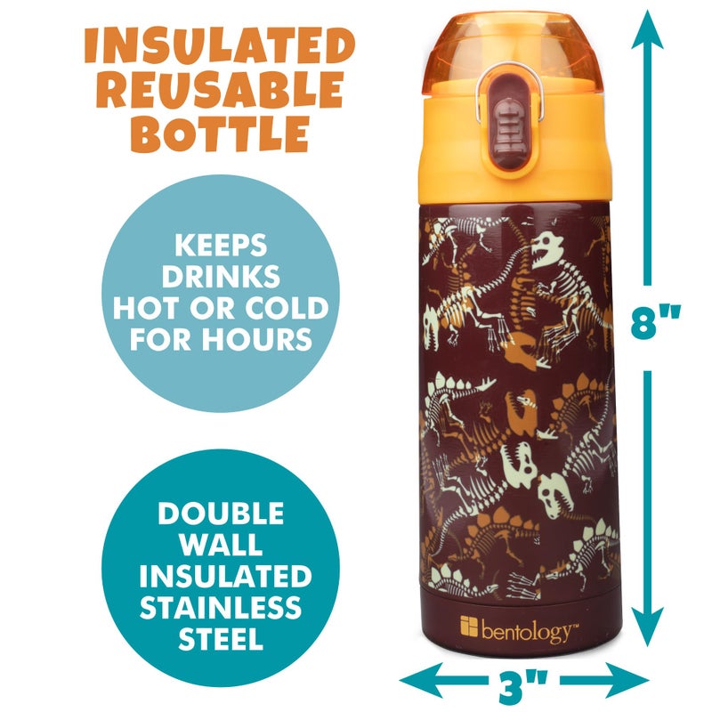Bentology Stainless Steel 13 oz Reusable Water Bottle for Kids, Dinosaur - Double Wall Insulated, Spill Proof Lid w/Built-in Straw- Keep Liquids Hot or Cold For Hours- Fits in Lunch Boxes & Bags - Image 3